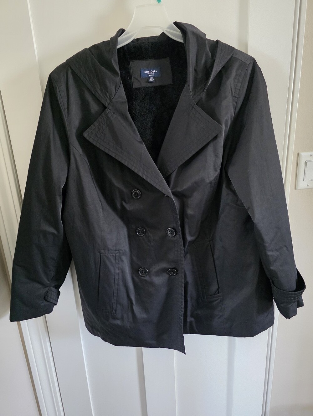 SONOMA - Black Double-Breasted Hooded Trench Peacoat Jacket- Size 2X